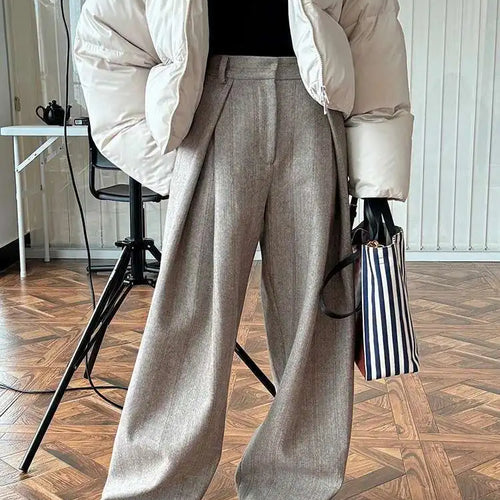 Load image into Gallery viewer, High Waist Brown Striped Pleated Long Thick Wool Wide Leg Pants New Trousers Women Fashion Tide Autumn Winer 2025 1DH7548
