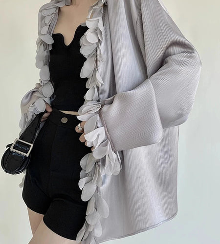 Solid Loose Spliced Petal Casual Blouses for Women V Neck Long Sleeves Patchwork Button Elegant Blouse Female New