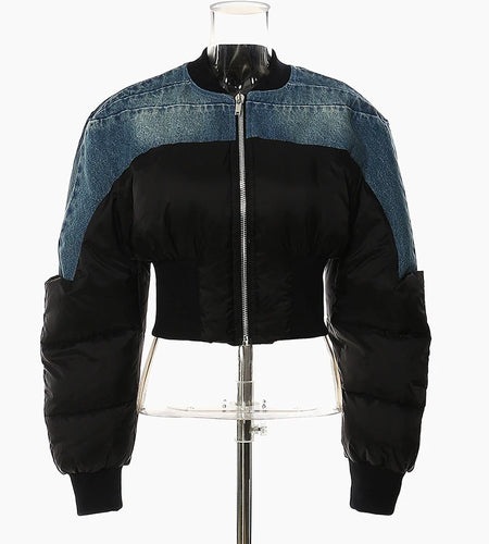 Blue Denim Short Casual Cotton-padded Coat Stand Collar Long Sleeve Women Parkas Fashion New Autumn Winter 2025 1DH4510