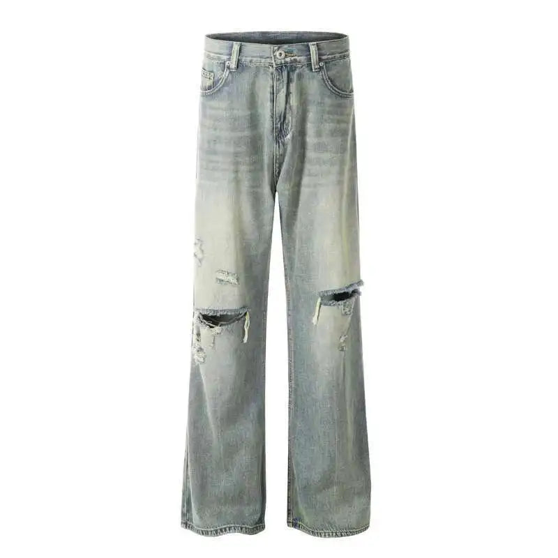High Street Men's Jeans Straight Loose Hole Solid Color Worn-out Men Denim Pants 2024 Autumn New Male Trousers Women 9C6631