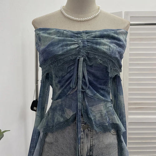 Load image into Gallery viewer, Slash Neck Tie-dye Harajuku T-shirts Streetwear Lace Patchwork Slim Fit Grunge Tops Women Y2k Aesthetic Vintage Drawstring Tees
