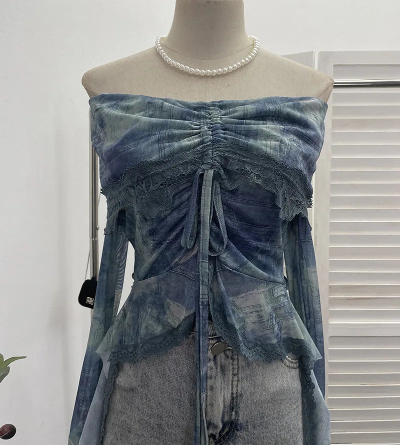 Slash Neck Tie-dye Harajuku T-shirts Streetwear Lace Patchwork Slim Fit Grunge Tops Women Y2k Aesthetic Vintage Drawstring Tees