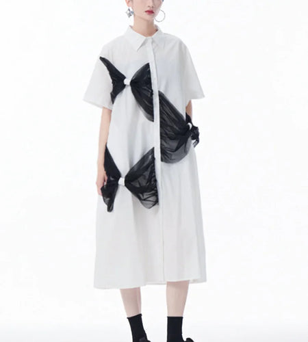 Women White Mesh Bow Color-block Big Size Shirt Dress New Lapel Short Sleeve Fashion Tide Spring Summer 2025 1DJ0048