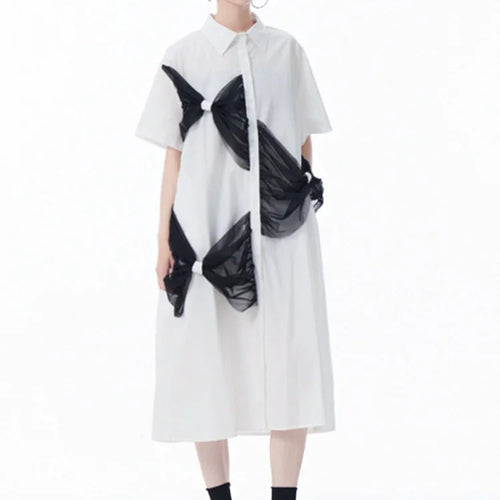 Load image into Gallery viewer, Women White Mesh Bow Color-block Big Size Shirt Dress New Lapel Short Sleeve Fashion Tide Spring Summer 2025 1DJ0048
