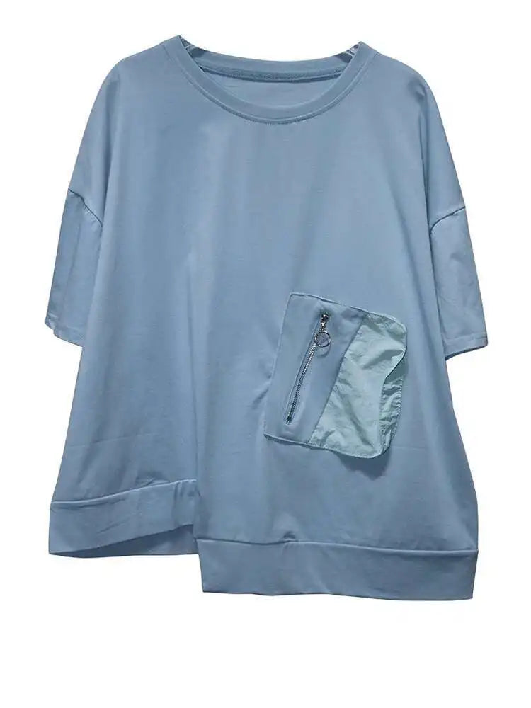 Women White Irregular Pocket Big Size Casual T-shirt New Round Neck Short Sleeve Fashion Tide Spring Summer 2025  1DJ0620