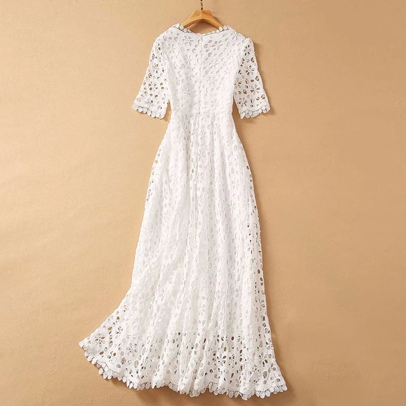 Elegant White Maxi Dress For Women V Neck Half Sleeve High Waist Hollow Out Slim Dresses Women 2022 Spring New Style Fashion