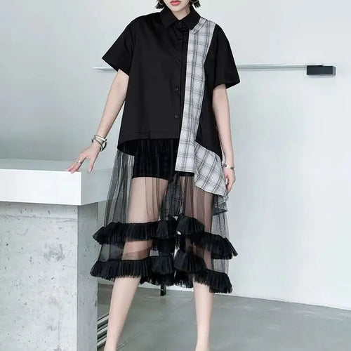 Load image into Gallery viewer, Women Black Plaid Mesh Spliced Big Size Midi Shirt Dress New Lapel Short Sleeve Fashion Tide Spring Summer 2025 1DJ0635
