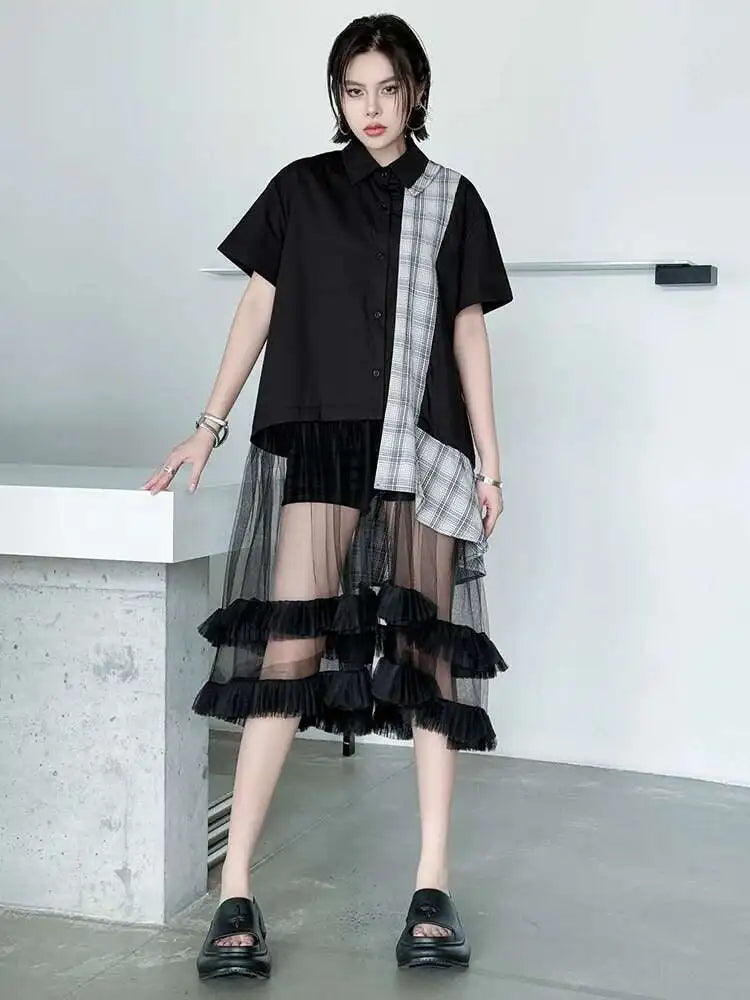 Women Black Plaid Mesh Spliced Big Size Midi Shirt Dress New Lapel Short Sleeve Fashion Tide Spring Summer 2025 1DJ0635