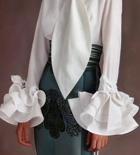 Summer Spring Flared Sleeves Urban Elegant Woman White Blouses Tops New Trendy Simple Long Sleeve Shirts for Women