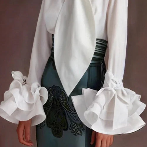 Load image into Gallery viewer, Summer Spring Flared Sleeves Urban Elegant Woman White Blouses Tops New Trendy Simple Long Sleeve Shirts for Women
