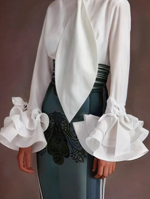 Summer Spring Flared Sleeves Urban Elegant Woman White Blouses Tops New Trendy Simple Long Sleeve Shirts for Women