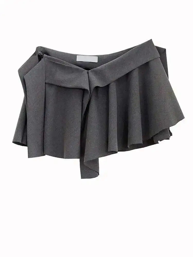 High Waist Gray Pleated Irregular Hem Casual Mini Half-body Skirt Women Fashion Tide New Spring Autumn 2025 1DF6142