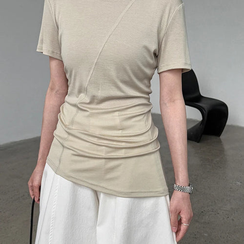 Load image into Gallery viewer, Women Beige Black Irregular Slim Elegant T-shirt New Round Neck Short Sleeve Fashion Tide Spring Summer 2025 1DJ1909
