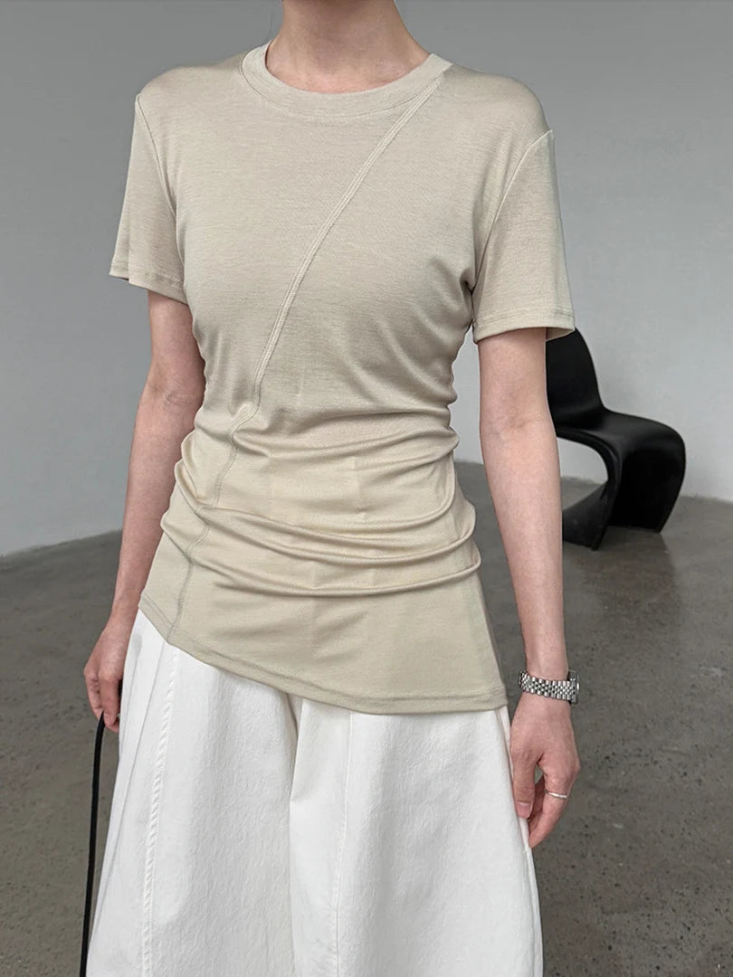Women Beige Black Irregular Slim Elegant T-shirt New Round Neck Short Sleeve Fashion Tide Spring Summer 2025 1DJ1909