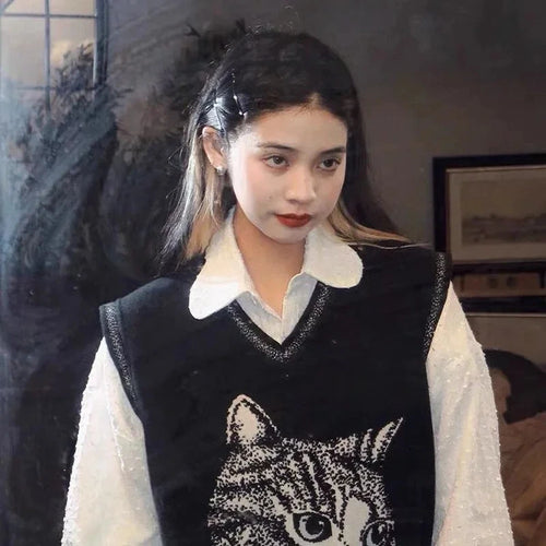 Load image into Gallery viewer, Y2k Vest Women Vintage Harajuku Cartoon Cat Print V-neck Sleeveless Sweater Students Korean-style Loose Casual Fashion Chic Tp[s

