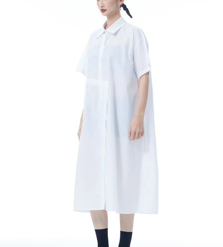 Women Black Irregular Button Big Size Midi Shirt Dress New Lapel Short Sleeve Fashion Tide Spring Summer 2025 1DJ0954