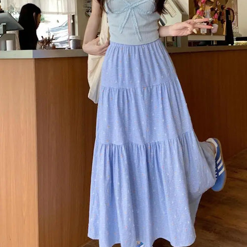 Load image into Gallery viewer, Korean 2024 Spring Summer Women Blue Embroidery Pleated Long Skirts Yellow Elastic High Waist Vacation Party Half Skirt Bohemian
