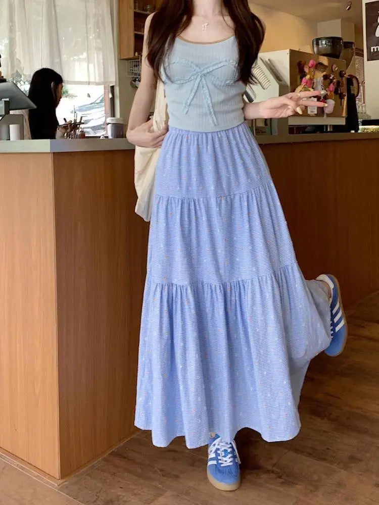 Korean 2024 Spring Summer Women Blue Embroidery Pleated Long Skirts Yellow Elastic High Waist Vacation Party Half Skirt Bohemian