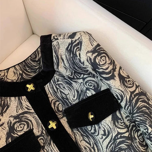 Load image into Gallery viewer, 2024 Spring Autumn Women&#39;s Black Print Patchwork Long Sleeve Coat Top New Retro Round Neck Single Breasted Cardigan Short Jacket
