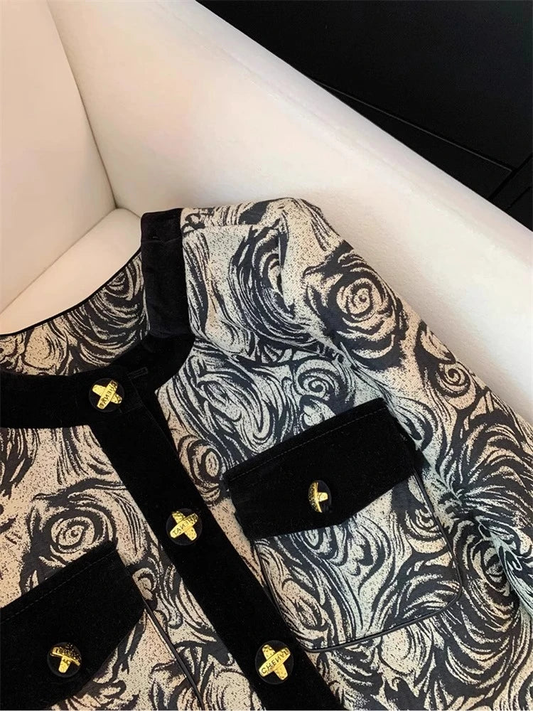 2024 Spring Autumn Women's Black Print Patchwork Long Sleeve Coat Top New Retro Round Neck Single Breasted Cardigan Short Jacket