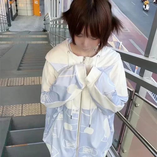 Load image into Gallery viewer, Streetwear Vintage Contrast Coats Women Loose Y2k Aesthetic Cartoon Print Jackets Casual Oversized Harajuku Kawaii Hoodies Top
