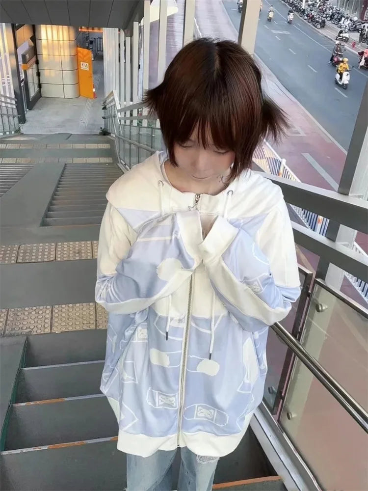 Streetwear Vintage Contrast Coats Women Loose Y2k Aesthetic Cartoon Print Jackets Casual Oversized Harajuku Kawaii Hoodies Top