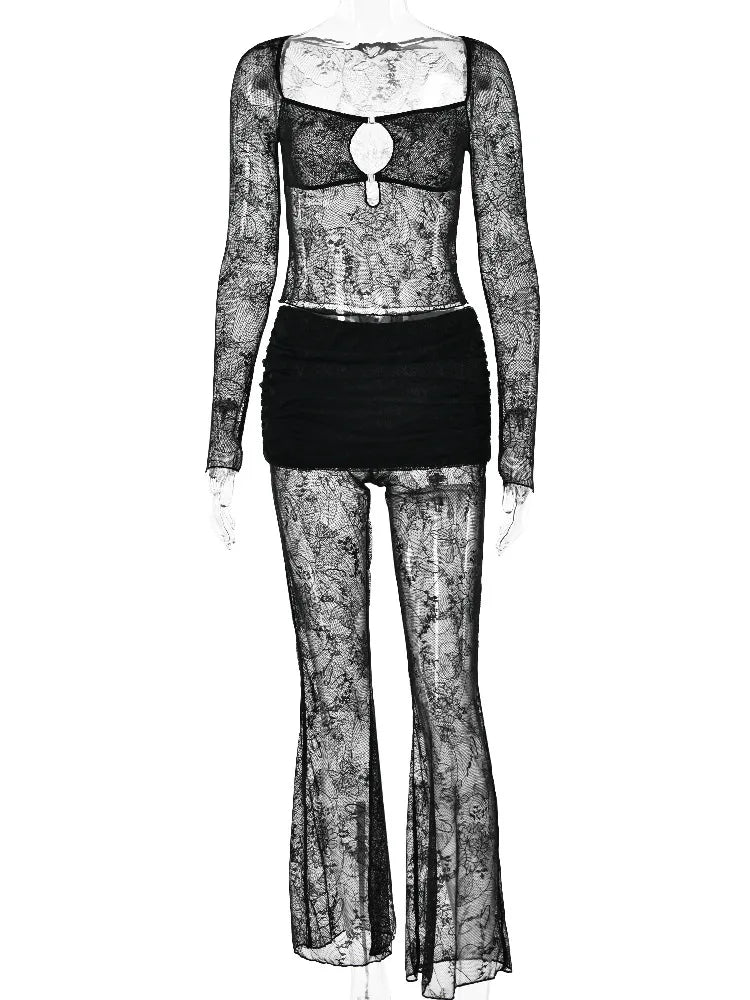 Sexy Lace Patchwork Hollow Women Set Long Sleeve Slim Fit Perspective Flare Pants Long Pants Set Fashion Street Clothing