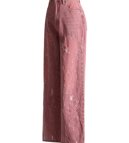 Loose Ripped Jeans For Women High Waist Patchwork Pockets Chic Casual Wide Leg Pants Female Fashion Clothing