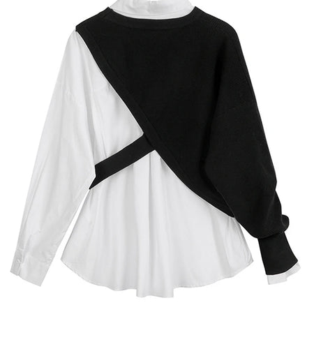 Women White Knitting Split Big Size Blouse New Lapel Long Sleeve Loose Fit Shirt Fashion Tide Spring Autumn 2025 1DC019