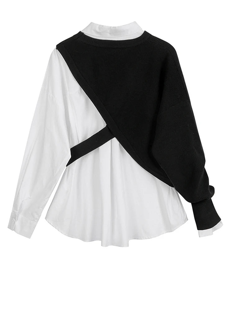 Women White Knitting Split Big Size Blouse New Lapel Long Sleeve Loose Fit Shirt Fashion Tide Spring Autumn 2025 1DC019