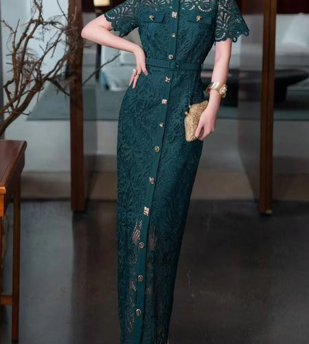 Solid Hollow Out Spliced Single Breasted Dresses for Women Round Neck Short Sleeves Elegant Dress Female Clothing