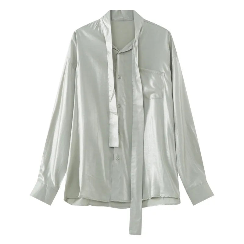 Stylish Men's Shirts Stand Collar Solid Color Tie Design Drape Pocket Single Breasted Loose Male Long Sleeve Tops 9W1185