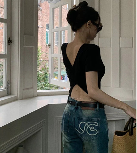 Y2k Aesthetic Solid Backless Short Sleeve Tshirts 2025 Summer Slim All Match Crop Top Ins Sexy Streetwear Women Cotton T-shirt