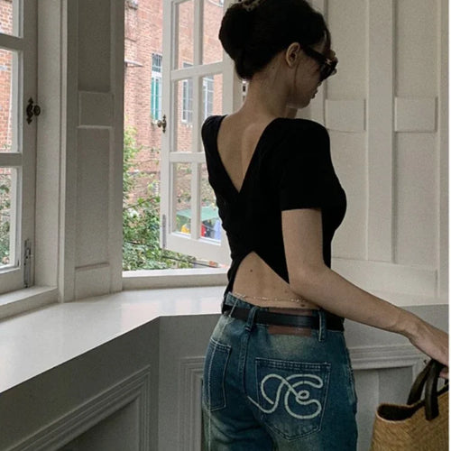 Load image into Gallery viewer, Y2k Aesthetic Solid Backless Short Sleeve Tshirts 2025 Summer Slim All Match Crop Top Ins Sexy Streetwear Women Cotton T-shirt
