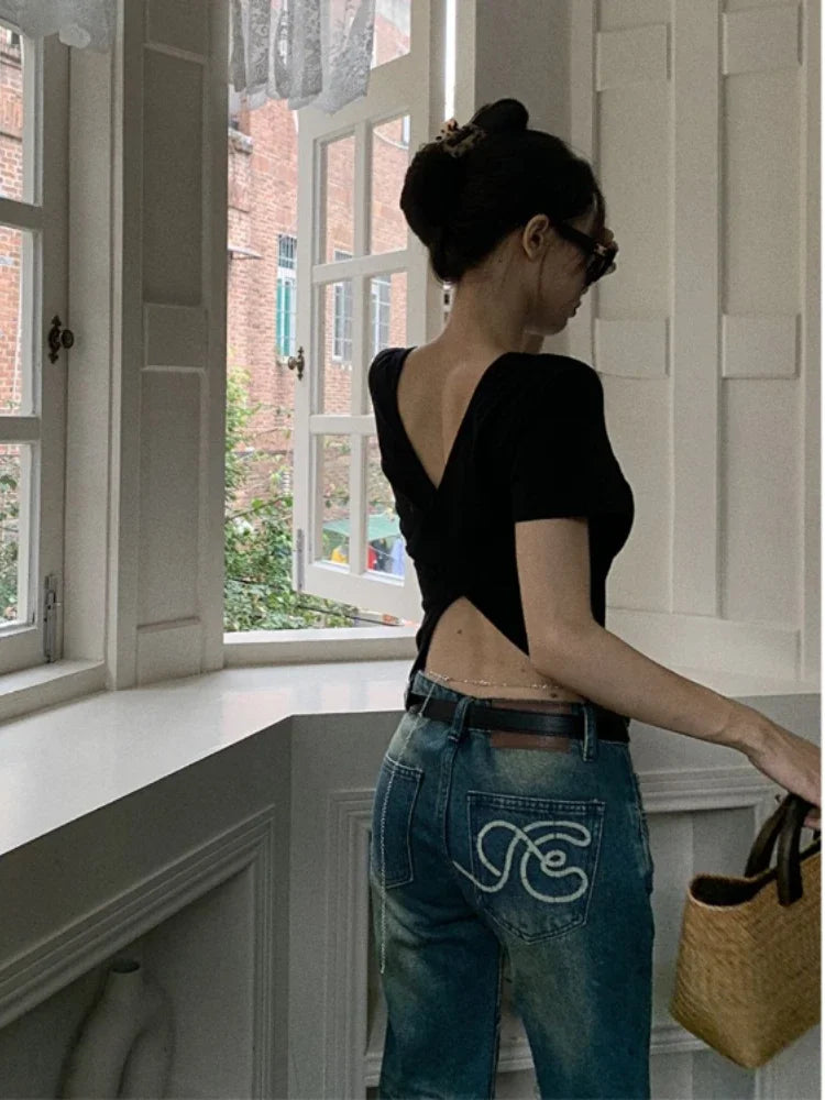 Y2k Aesthetic Solid Backless Short Sleeve Tshirts 2025 Summer Slim All Match Crop Top Ins Sexy Streetwear Women Cotton T-shirt