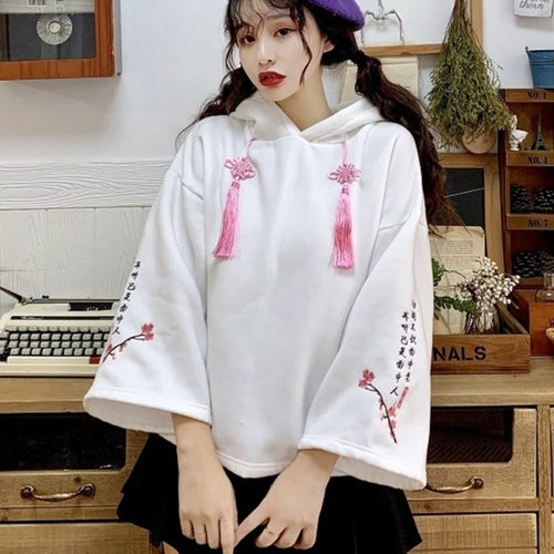 Load image into Gallery viewer, Women Floral Embroidery Hooded Sweatshirts Chinese Style Letter Tassel Cotton Hoodies Spring Long Sleeve Pullovers Tracksui
