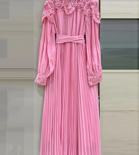 Hollow Out Spliced Lace Elegant Dresses for Women Round Neck Long Sleeves Tunic Patchwork Folds Dress Female New