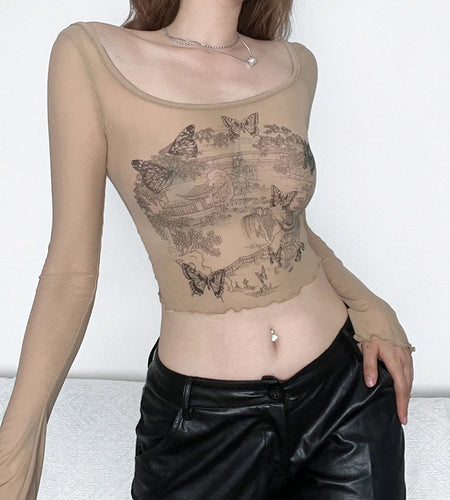 Fairycore Butterfly Printed Summer Mesh Top Frills Flare Sleeve Female T-shirts Y2K Tee Clothes Transparent Sexy Chic