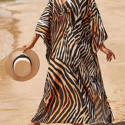 Load image into Gallery viewer, Sexy Zebra Printed V Neck Tunic Beach Cover Up Cover-ups Beach Dress Beach Wear Beachwear Beach Long Dress Female Women V4159
