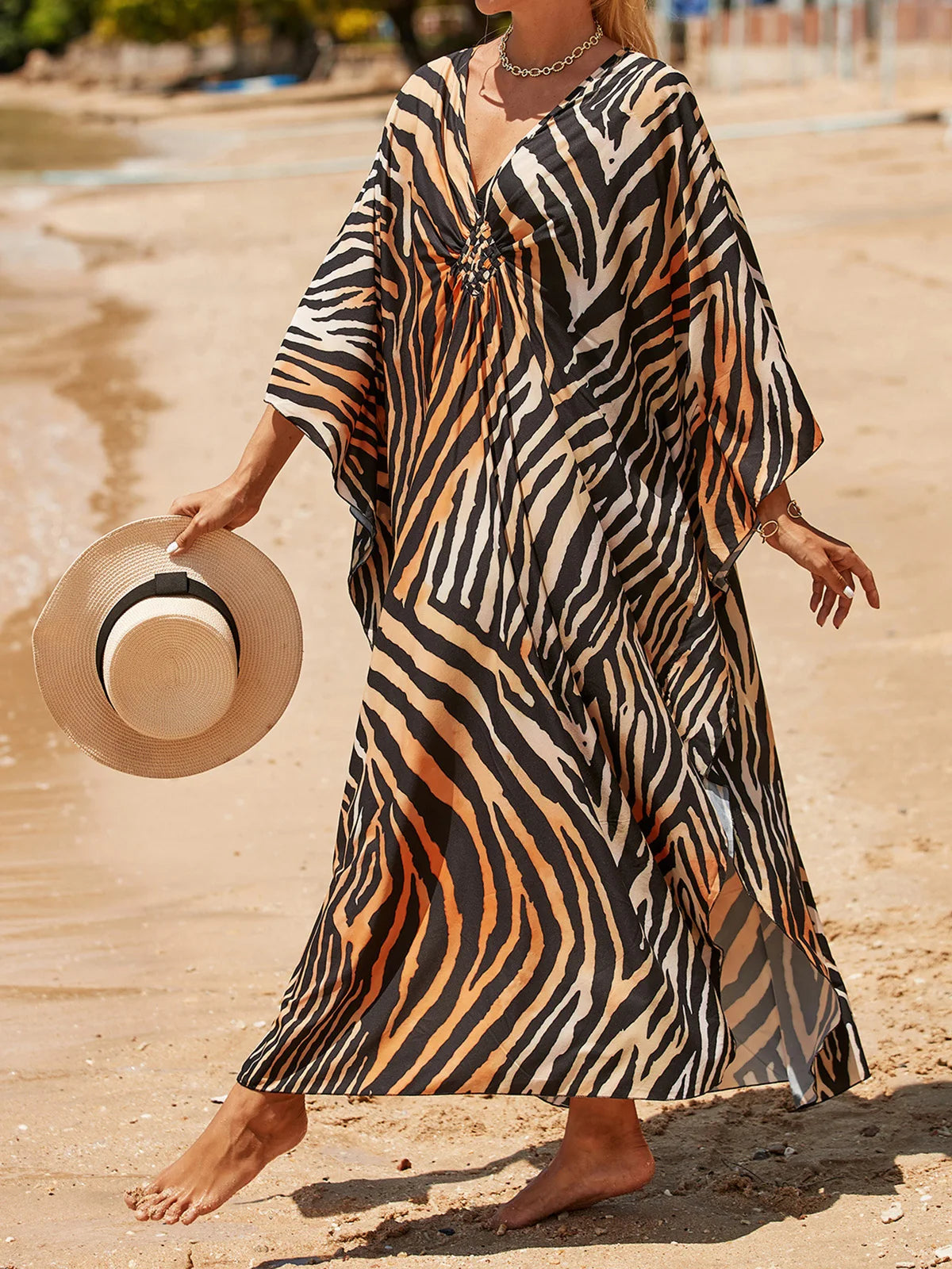 Sexy Zebra Printed V Neck Tunic Beach Cover Up Cover-ups Beach Dress Beach Wear Beachwear Beach Long Dress Female Women V4159