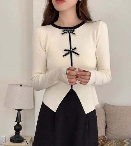 y2k Crop Top Women Fairycore Clothing Round Neck Long Sleeve T Shirt with Bow Decor 2000s Aesthetic Clothes Streetwear