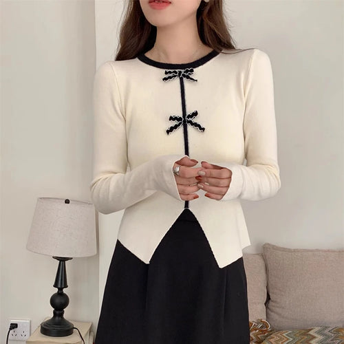 Load image into Gallery viewer, y2k Crop Top Women Fairycore Clothing Round Neck Long Sleeve T Shirt with Bow Decor 2000s Aesthetic Clothes Streetwear
