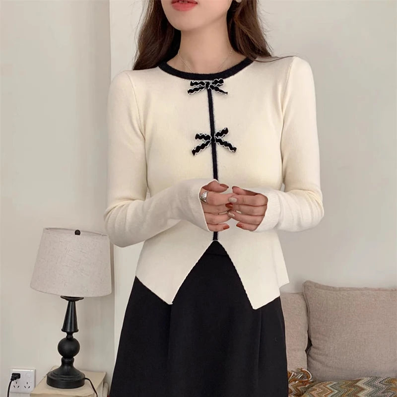 y2k Crop Top Women Fairycore Clothing Round Neck Long Sleeve T Shirt with Bow Decor 2000s Aesthetic Clothes Streetwear