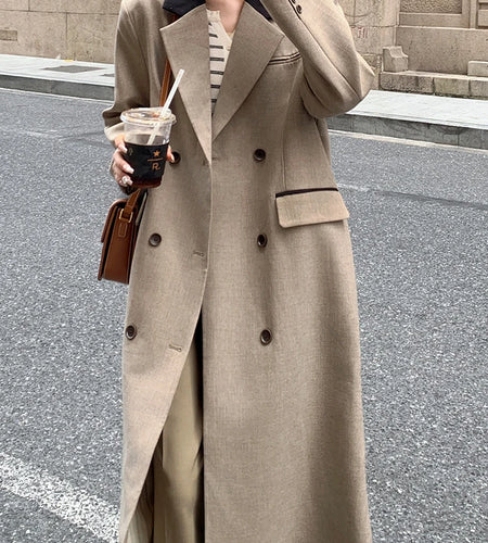 Women Khaki Double Breasted Big Size Long Blazer New Lapel Long Sleeve Jacket Fashion Tide Spring Autumn 2025 1DH9719