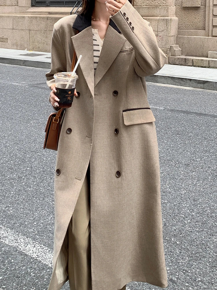 Women Khaki Double Breasted Big Size Long Blazer New Lapel Long Sleeve Jacket Fashion Tide Spring Autumn 2025 1DH9719