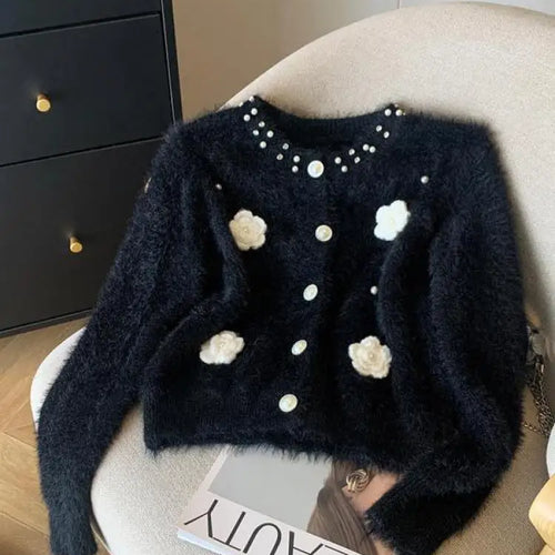 Load image into Gallery viewer, Autumn Winter Sweet Vintage Black White Pearl Knitted Cardigan Top French Fashion Women Single Breasted Long Sleeve Mink Sweater
