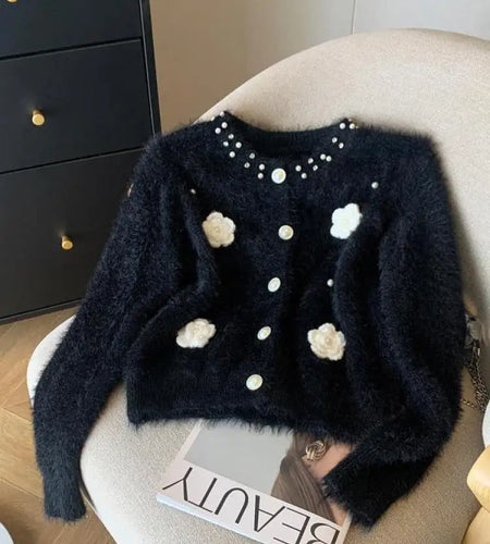 White Elegant O-neck Single-breasted Pearl Button Knit Sweater Autumn Winter Black Loose Imitation Mink Velvet 3d Flower Top New