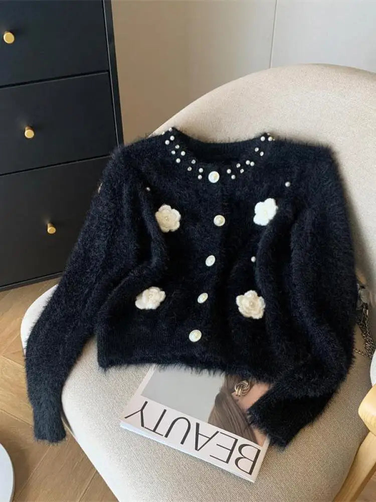 White Elegant O-neck Single-breasted Pearl Button Knit Sweater Autumn Winter Black Loose Imitation Mink Velvet 3d Flower Top New