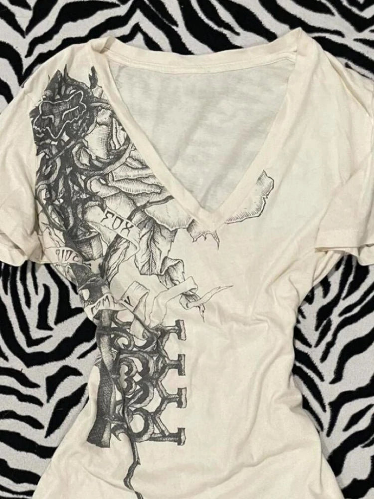 Y2k Aesthetic White Printing Punk Fairy Tshirts Harajuku Women Casual Bodycon Vintage Tees 2025 Summer Grunge Streetwear Tops