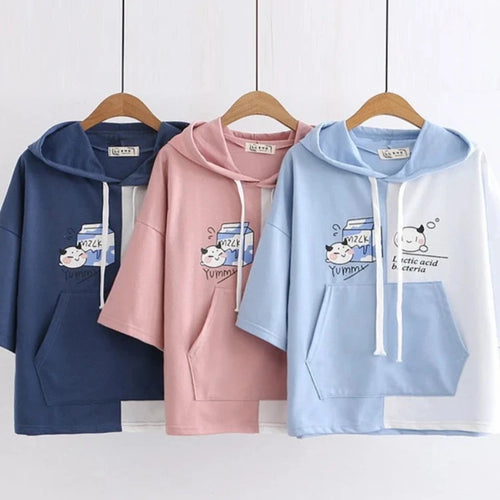 Load image into Gallery viewer, Women Cartoon Print Funny Hooded Sweatshirts Short Sleeve Patchwork Hit Color Hoodie Loose Pullovers Tracksuit With Pocket
